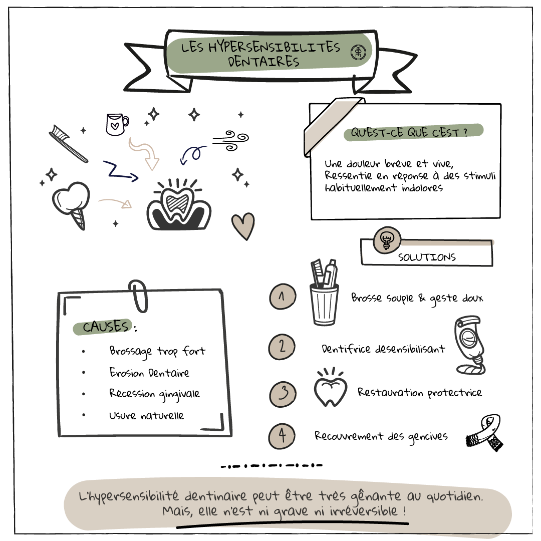 Infographie sur l’hypersensibilité dentaire, montrant la définition, les principales causes comme le brossage trop fort, l’érosion dentaire, la récession gingivale, l’usure naturelle, et les solutions telles que la brosse souple, le dentifrice désensibilisant, la restauration protectrice et le recouvrement des gencives.